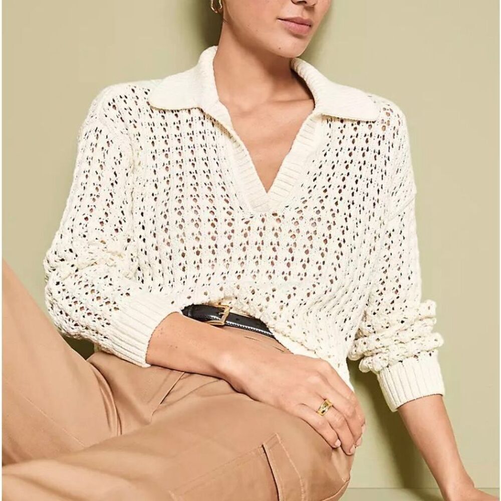 Loft ecru crochet collared sweater size xxs